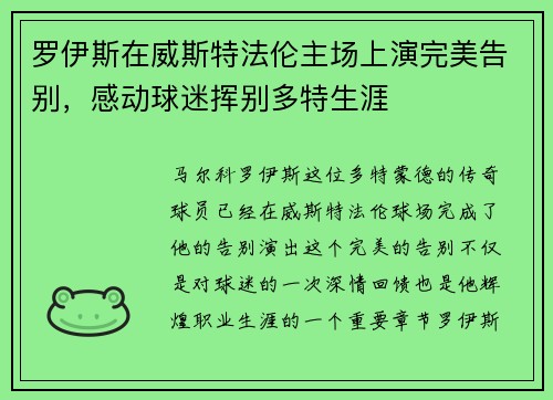 罗伊斯在威斯特法伦主场上演完美告别，感动球迷挥别多特生涯
