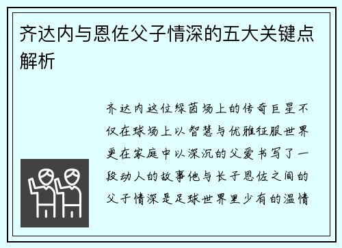 齐达内与恩佐父子情深的五大关键点解析